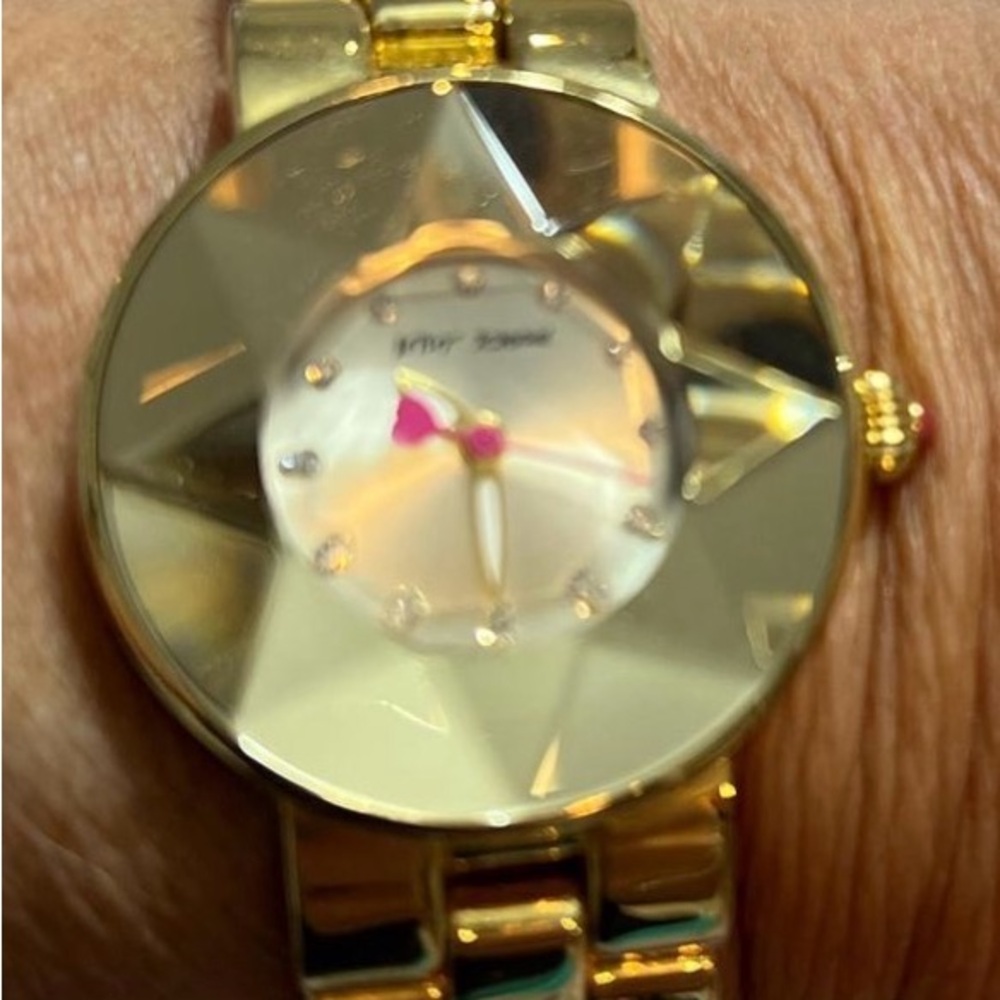Betsey Johnson Gold-Tone Crystal Dial Watch with Pink Bow Accent